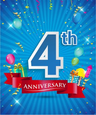 Konfeti ve balon, kırmızı kurdele, renkli vektör tasarım şablonu öğeleri davetiye, broşür, afiş ve poster için 4 yıl yıldönümü logolu kutluyor