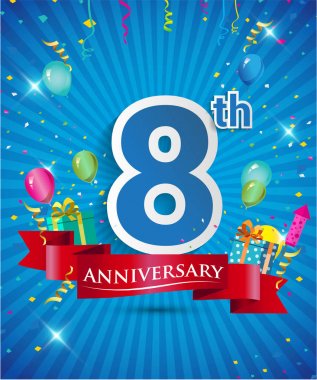 Konfeti ve balon, kırmızı kurdele, renkli vektör tasarım şablonu öğeleri davetiye, broşür, afiş ve poster için 8 yıl yıldönümü logolu kutluyor