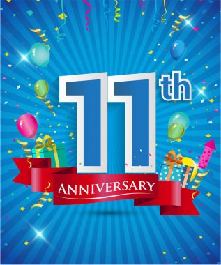 Konfeti ve balon, kırmızı kurdele, renkli vektör tasarım şablonu öğeleri için davetiye, broşür, afiş ve poster 11 yıl yıldönümü logolu kutluyor