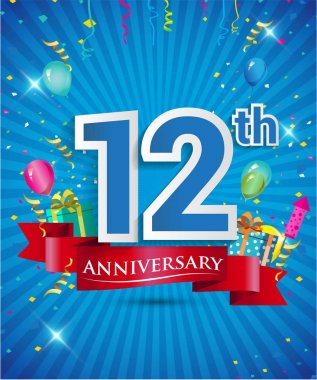 Celebrating 12 years Anniversary logo, with confetti and balloons, red ribbon, Colorful Vector design template elements for your invitation card, flyer, banner and poster clipart