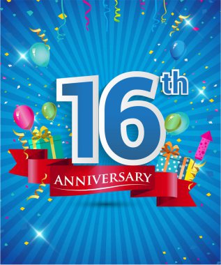 Konfeti ve balon, kırmızı kurdele, renkli vektör tasarım şablonu öğeleri davetiye, broşür, afiş ve poster için 16 yıl yıldönümü logolu kutluyor