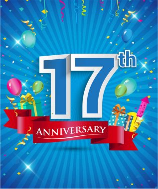 Konfeti ve balon, kırmızı kurdele, renkli vektör tasarım şablonu öğeleri davetiye, broşür, afiş ve poster için 17 yıl yıldönümü logolu kutluyor