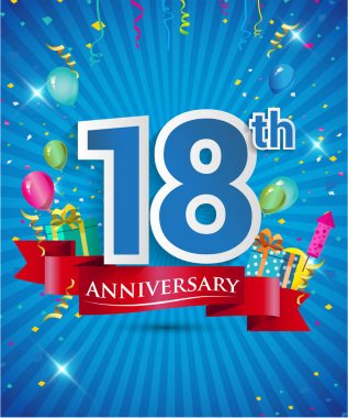 Konfeti ve balon, kırmızı kurdele, renkli vektör tasarım şablonu öğeleri davetiye, broşür, afiş ve poster için 18 yıl yıldönümü logolu kutluyor