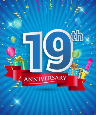 Konfeti ve balon, kırmızı kurdele, renkli vektör tasarım şablonu öğeleri davetiye, broşür, afiş ve poster için 19 yıl yıldönümü logolu kutluyor