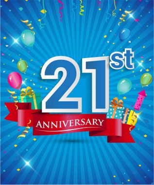 Konfeti ve balon, kırmızı kurdele, renkli vektör tasarım şablonu öğeleri davetiye, broşür, afiş ve poster için 21 yıl yıldönümü logolu kutluyor