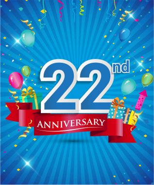 Konfeti ve balon, kırmızı kurdele, renkli vektör tasarım şablonu öğeleri davetiye, broşür, afiş ve poster için 22 yıl yıldönümü logolu kutluyor