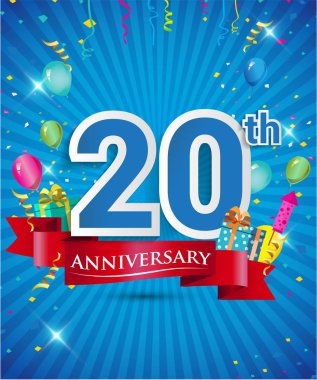 Konfeti ve balon, kırmızı kurdele, renkli vektör tasarım şablonu öğeleri davetiye, broşür, afiş ve poster için 20 yıl yıldönümü logolu kutluyor