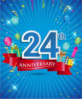 Konfeti ve balon, kırmızı kurdele, renkli vektör tasarım şablonu öğeleri için davetiye, broşür, afiş ve poster 24 yıl yıldönümü logolu kutluyor