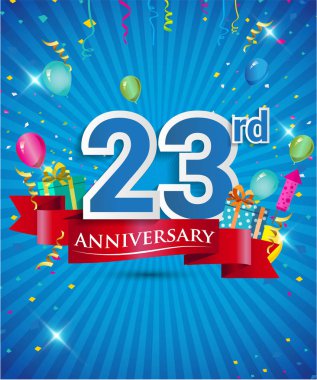 Konfeti ve balon, kırmızı kurdele, renkli vektör tasarım şablonu öğeleri için davetiye, broşür, afiş ve poster 23 yıl yıldönümü logolu kutluyor