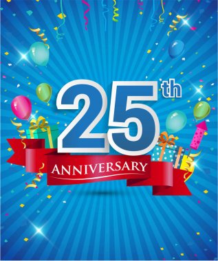Konfeti ve balon, kırmızı kurdele, renkli vektör tasarım şablonu öğeleri davetiye, broşür, afiş ve poster için 25 yıl yıldönümü logolu kutluyor