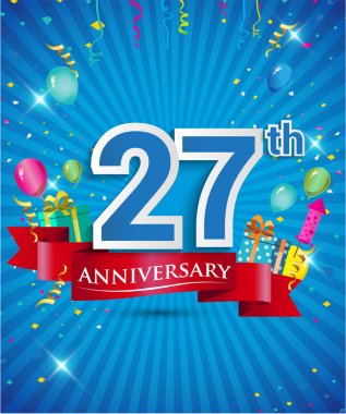 Konfeti ve balon, kırmızı kurdele, renkli vektör tasarım şablonu öğeleri için davetiye, broşür, afiş ve poster 27 yıl yıldönümü logolu kutluyor