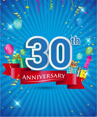Konfeti ve balon, kırmızı kurdele, renkli vektör tasarım şablonu öğeleri davetiye, broşür, afiş ve poster için 30 yıl yıldönümü logolu kutluyor