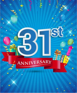 Konfeti ve balon, kırmızı kurdele, renkli vektör tasarım şablonu öğeleri için davetiye, broşür, afiş ve poster 31 yıl yıldönümü logolu kutluyor