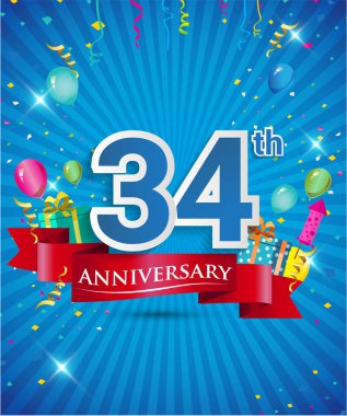 Konfeti ve balon, kırmızı kurdele, renkli vektör tasarım şablonu öğeleri için davetiye, broşür, afiş ve poster 34 yıl yıldönümü logolu kutluyor