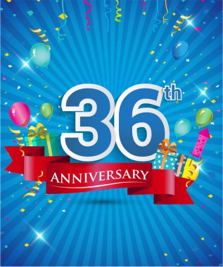 Konfeti ve balon, kırmızı kurdele, renkli vektör tasarım şablonu öğeleri için davetiye, broşür, afiş ve poster 36 yıl yıldönümü logolu kutluyor