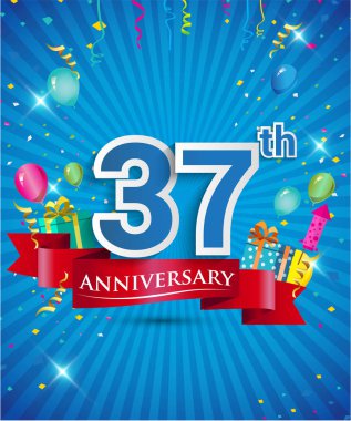 Konfeti ve balon, kırmızı kurdele, renkli vektör tasarım şablonu öğeleri için davetiye, broşür, afiş ve poster 37 yıl yıldönümü logolu kutluyor