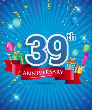 Konfeti ve balon, kırmızı kurdele, renkli vektör tasarım şablonu öğeleri için davetiye, broşür, afiş ve poster 39 yıl yıldönümü logolu kutluyor