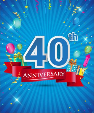 Konfeti ve balon, kırmızı kurdele, renkli vektör tasarım şablonu öğeleri davetiye, broşür, afiş ve poster için 40 yıl yıldönümü logolu kutluyor