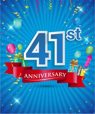 Konfeti ve balon, kırmızı kurdele, renkli vektör tasarım şablonu öğeleri için davetiye, broşür, afiş ve poster 41 yıl yıldönümü logolu kutluyor