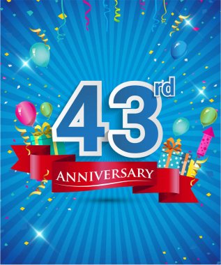 Konfeti ve balon, kırmızı kurdele, renkli vektör tasarım şablonu öğeleri için davetiye, broşür, afiş ve poster 43 yıl yıldönümü logolu kutluyor