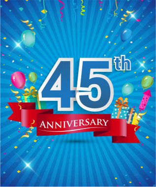 Konfeti ve balon, kırmızı kurdele, renkli vektör tasarım şablonu öğeleri için davetiye, broşür, afiş ve poster 45 yıl yıldönümü logolu kutluyor