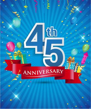 Konfeti ve balon, kırmızı kurdele, renkli vektör tasarım şablonu öğeleri için davetiye, broşür, afiş ve poster 45 yıl yıldönümü logolu kutluyor