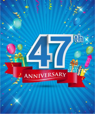 Konfeti ve balon, kırmızı kurdele, renkli vektör tasarım şablonu öğeleri için davetiye, broşür, afiş ve poster 47 yıl yıldönümü logolu kutluyor