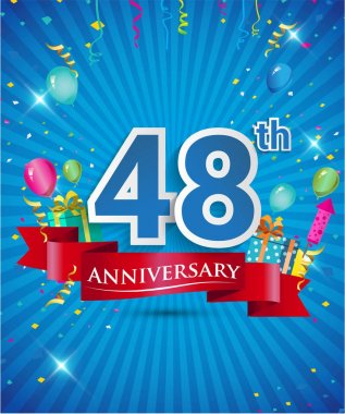 Konfeti ve balon, kırmızı kurdele, renkli vektör tasarım şablonu öğeleri için davetiye, broşür, afiş ve poster 48 yıl yıldönümü logolu kutluyor