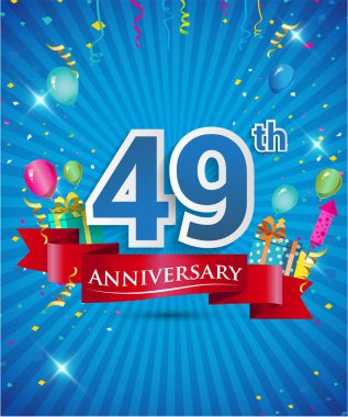 Konfeti ve balon, kırmızı kurdele, renkli vektör tasarım şablonu öğeleri için davetiye, broşür, afiş ve poster 49 yıl yıldönümü logolu kutluyor