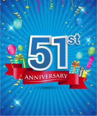 Konfeti ve balon, kırmızı kurdele, renkli vektör tasarım şablonu öğeleri için davetiye, broşür, afiş ve poster 51 yıl yıldönümü logolu kutluyor
