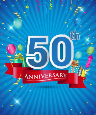 Konfeti ve balon, kırmızı kurdele, renkli vektör tasarım şablonu öğeleri davetiye, broşür, afiş ve poster için 50 yıl yıldönümü logolu kutluyor