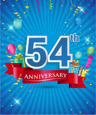 Konfeti ve balon, kırmızı kurdele, renkli vektör tasarım şablonu öğeleri için davetiye, broşür, afiş ve poster 54 yıl yıldönümü logolu kutluyor