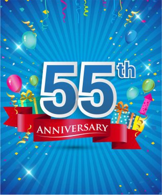 Konfeti ve balon, kırmızı kurdele, renkli vektör tasarım şablonu öğeleri için davetiye, broşür, afiş ve poster 55 yıl yıldönümü logolu kutluyor