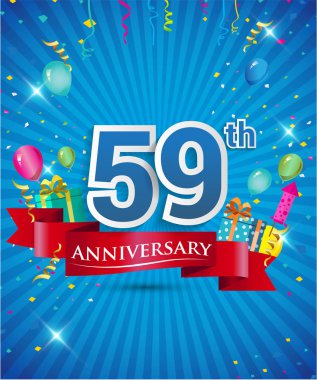 Konfeti ve balon, kırmızı kurdele, renkli vektör tasarım şablonu öğeleri için davetiye, broşür, afiş ve poster 59 yaş yıldönümü logolu kutluyor
