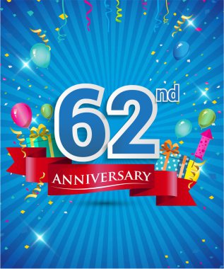 Konfeti ve balon, kırmızı kurdele, renkli vektör tasarım şablonu öğeleri için davetiye, broşür, afiş ve poster 62 yıl yıldönümü logolu kutluyor