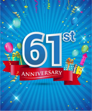 Konfeti ve balon, kırmızı kurdele, renkli vektör tasarım şablonu öğeleri için davetiye, broşür, afiş ve poster 61 yıl yıldönümü logolu kutluyor