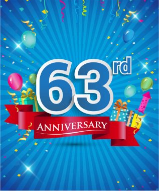 Konfeti ve balon, kırmızı kurdele, renkli vektör tasarım şablonu öğeleri için davetiye, broşür, afiş ve poster 63 yıl yıldönümü logolu kutluyor