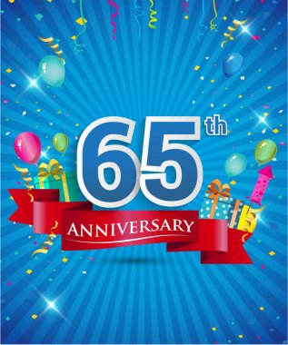 Konfeti ve balon, kırmızı kurdele, renkli vektör tasarım şablonu öğeleri için davetiye, broşür, afiş ve poster 65 yıl yıldönümü logolu kutluyor
