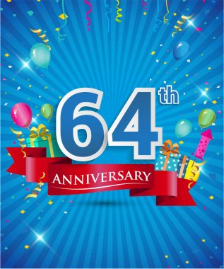 Konfeti ve balon, kırmızı kurdele, renkli vektör tasarım şablonu öğeleri için davetiye, broşür, afiş ve poster 64 yıl yıldönümü logolu kutluyor