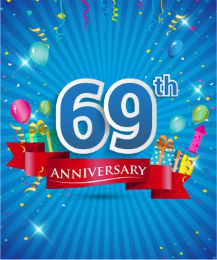 Konfeti ve balon, kırmızı kurdele, renkli vektör tasarım şablonu öğeleri için davetiye, broşür, afiş ve poster 69 yıl yıldönümü logolu kutluyor