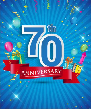 Konfeti ve balon, kırmızı kurdele, renkli vektör tasarım şablonu öğeleri için davetiye, broşür, afiş ve poster 70 yıl yıldönümü logolu kutluyor