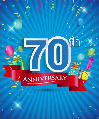 Konfeti ve balon, kırmızı kurdele, renkli vektör tasarım şablonu öğeleri için davetiye, broşür, afiş ve poster 70 yıl yıldönümü logolu kutluyor