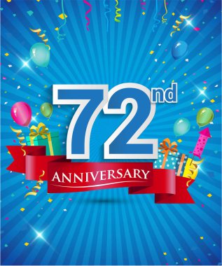 Konfeti ve balon, kırmızı kurdele, renkli vektör tasarım şablonu öğeleri davetiye, broşür, afiş ve poster için 72 yıl yıldönümü logolu kutluyor