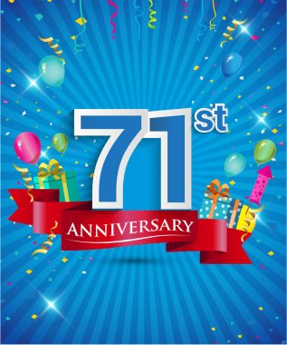 Konfeti ve balon, kırmızı kurdele, renkli vektör tasarım şablonu öğeleri için davetiye, broşür, afiş ve poster 71 yıl yıldönümü logolu kutluyor