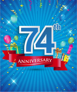 Konfeti ve balon, kırmızı kurdele, renkli vektör tasarım şablonu öğeleri için davetiye, broşür, afiş ve poster 74 yıl yıldönümü logolu kutluyor