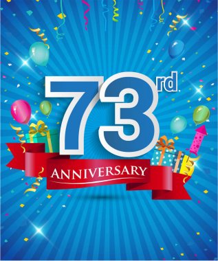 Konfeti ve balon, kırmızı kurdele, renkli vektör tasarım şablonu öğeleri için davetiye, broşür, afiş ve poster 73 yıl yıldönümü logolu kutluyor