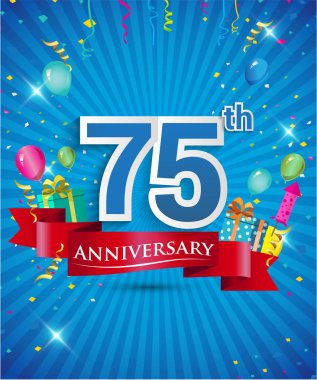 Konfeti ve balon, kırmızı kurdele, renkli vektör tasarım şablonu öğeleri için davetiye, broşür, afiş ve poster 75 yıl yıldönümü logolu kutluyor