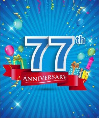 Konfeti ve balon, kırmızı kurdele, renkli vektör tasarım şablonu öğeleri için davetiye, broşür, afiş ve poster 77 yıl yıldönümü logolu kutluyor