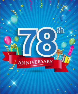 Konfeti ve balon, kırmızı kurdele, renkli vektör tasarım şablonu öğeleri için davetiye, broşür, afiş ve poster 78 yıl yıldönümü logolu kutluyor