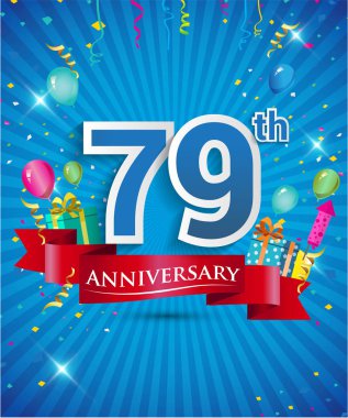 Konfeti ve balon, kırmızı kurdele, renkli vektör tasarım şablonu öğeleri için davetiye, broşür, afiş ve poster 79 yıl yıldönümü logolu kutluyor